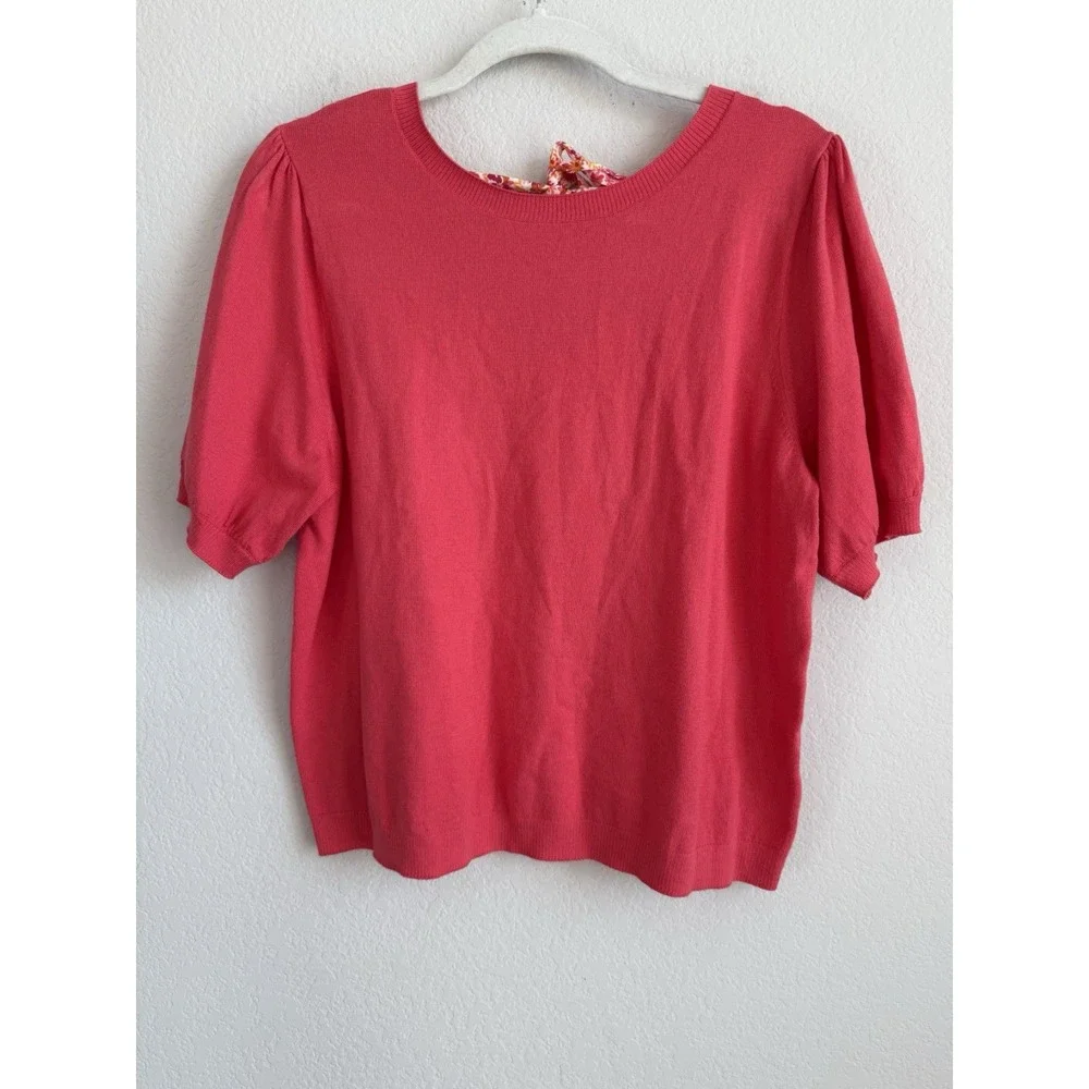 J.Crew Women's Size Large Orange‎ Pink Back Floral Bow Tie Short Puff Sleeve Top
